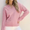 Sale Dear-Lover Flower Detail Knitted Notched Neck Sweater Peach Blossom