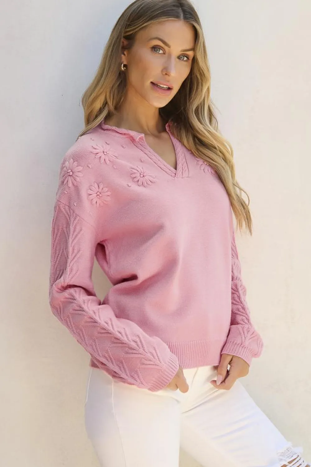 Sale Dear-Lover Flower Detail Knitted Notched Neck Sweater Peach Blossom