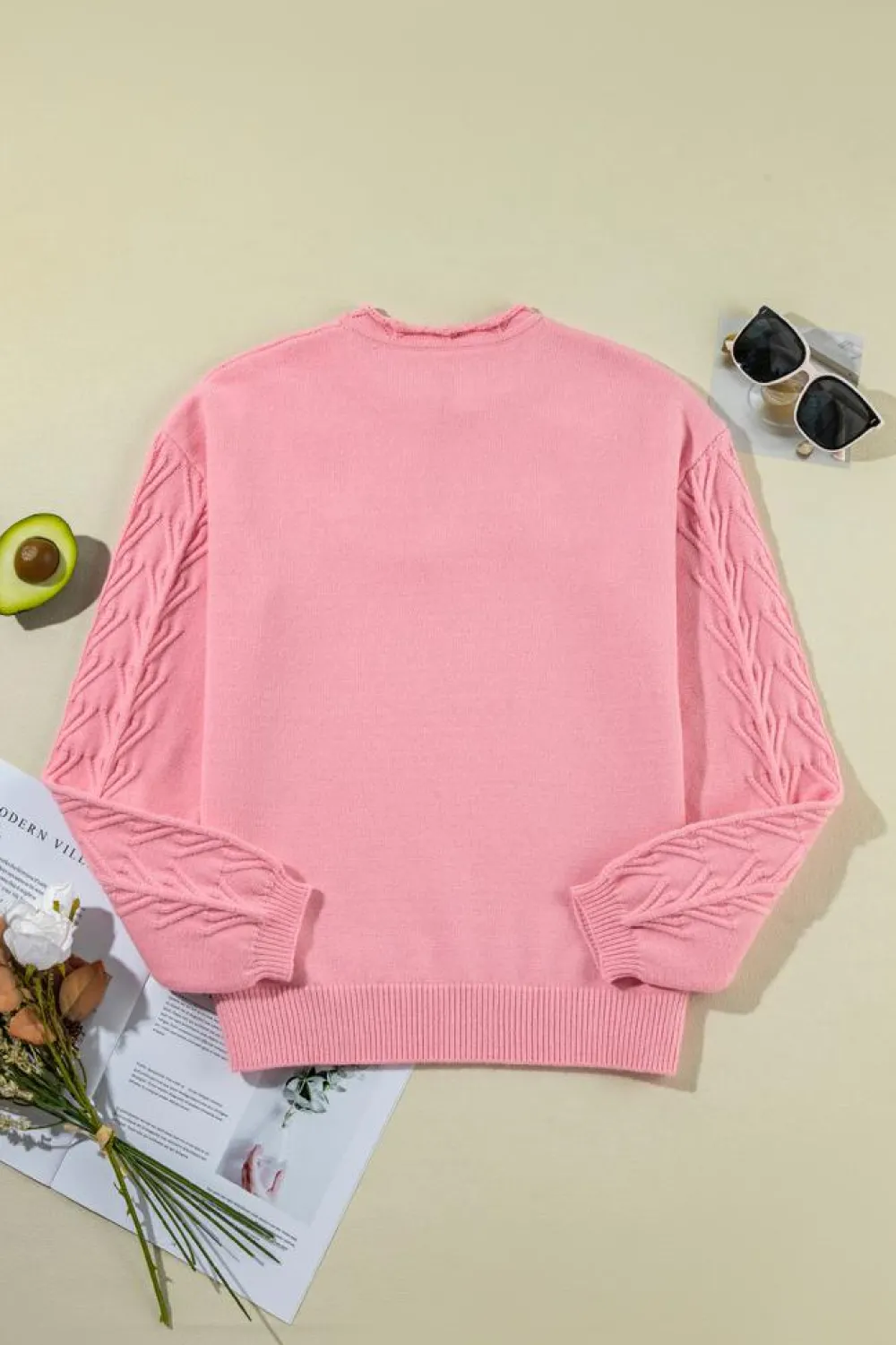 Sale Dear-Lover Flower Detail Knitted Notched Neck Sweater Peach Blossom