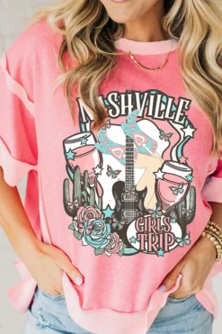 Best Dear-Lover Girls Trip Nashville Graphic Patchwork Short Sleeve Loose Top Peach Blossom