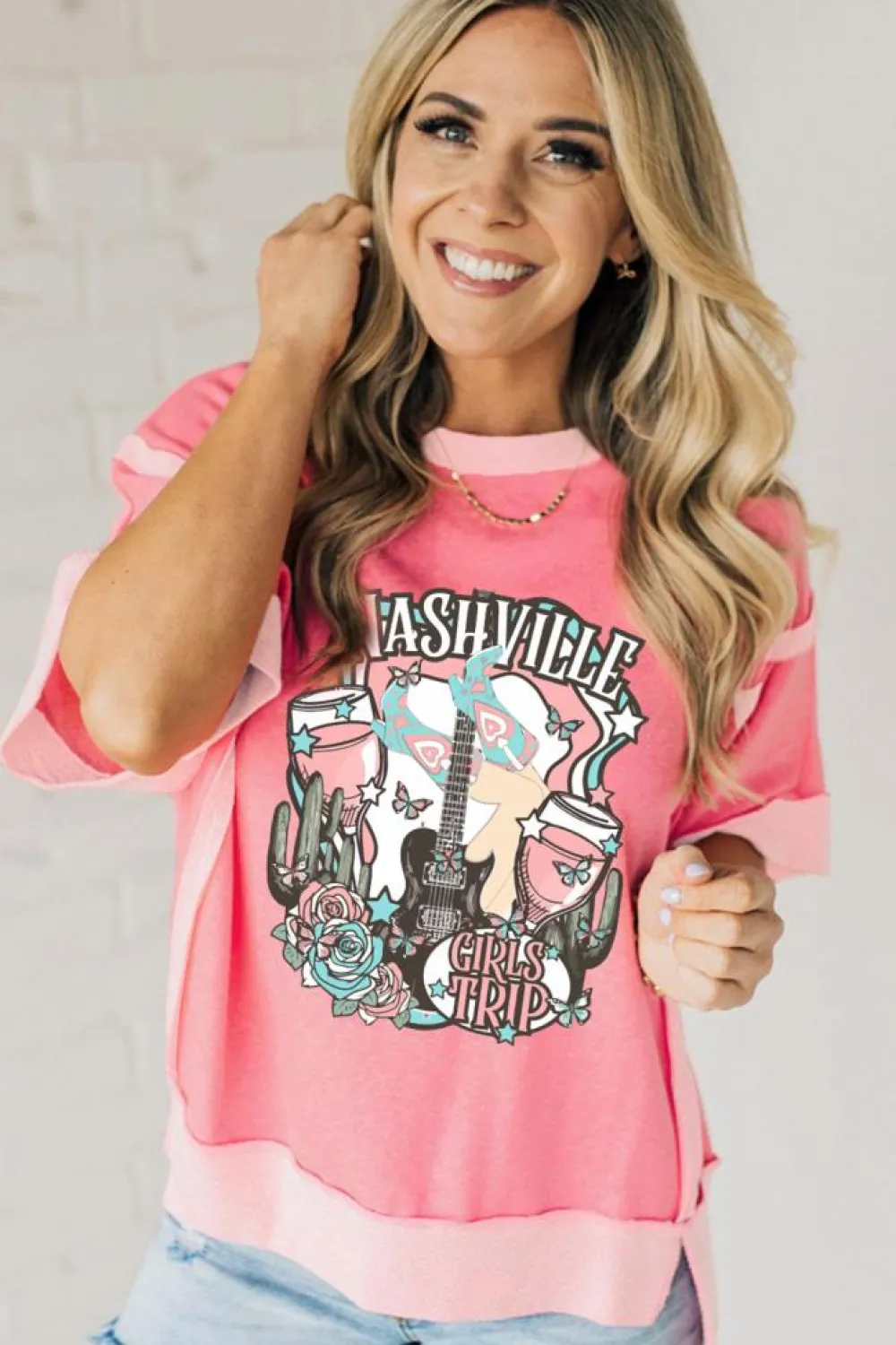 Best Dear-Lover Girls Trip Nashville Graphic Patchwork Short Sleeve Loose Top Peach Blossom