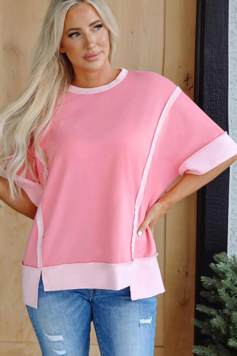 Discount Dear-Lover Half Sleeve Raw Seam High Low Side Split Top Peach Blossom