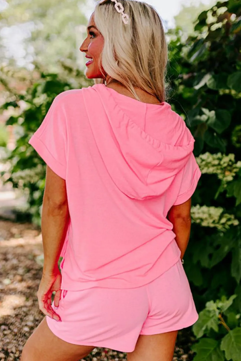 Clearance Dear-Lover Hooded Short Sleeve Henley Top and Shorts Set Peach Blossom
