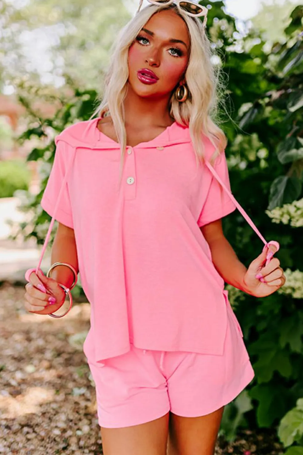 Clearance Dear-Lover Hooded Short Sleeve Henley Top and Shorts Set Peach Blossom
