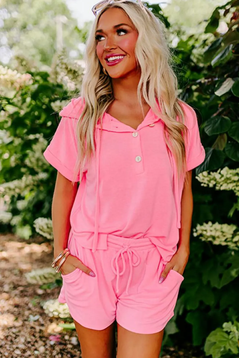Clearance Dear-Lover Hooded Short Sleeve Henley Top and Shorts Set Peach Blossom