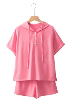 Clearance Dear-Lover Hooded Short Sleeve Henley Top and Shorts Set Peach Blossom