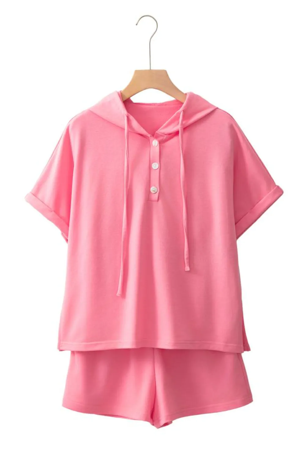 Clearance Dear-Lover Hooded Short Sleeve Henley Top and Shorts Set Peach Blossom
