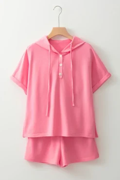 Clearance Dear-Lover Hooded Short Sleeve Henley Top and Shorts Set Peach Blossom