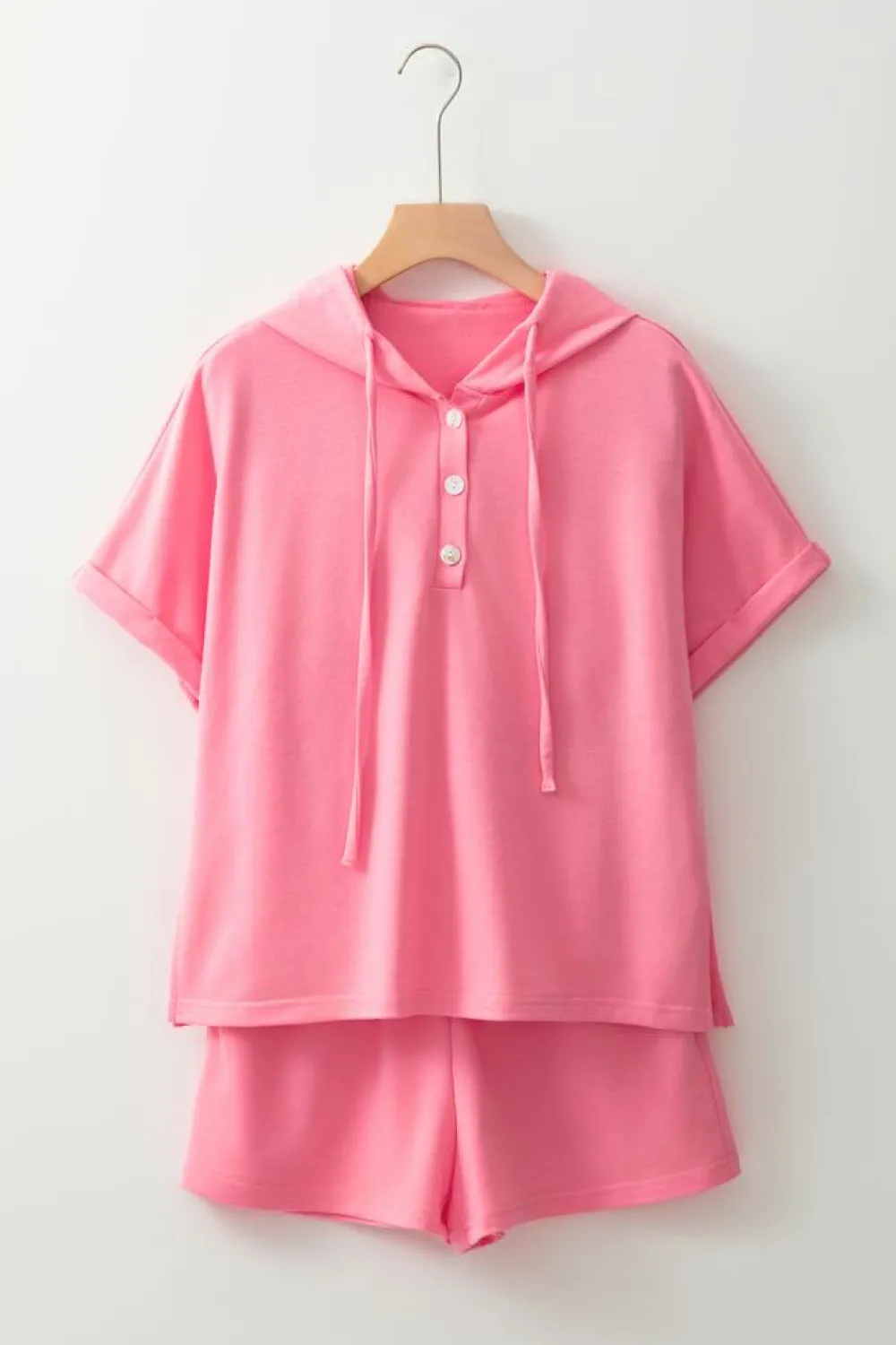 Clearance Dear-Lover Hooded Short Sleeve Henley Top and Shorts Set Peach Blossom