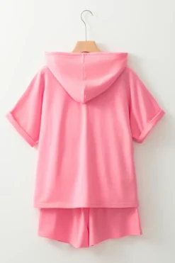 Clearance Dear-Lover Hooded Short Sleeve Henley Top and Shorts Set Peach Blossom