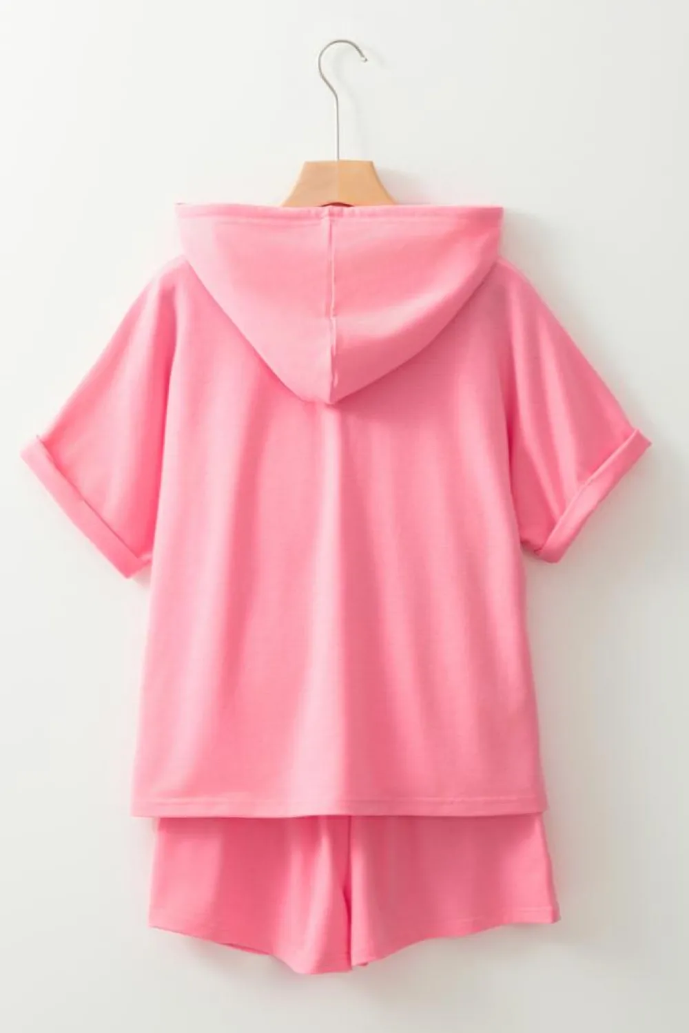 Clearance Dear-Lover Hooded Short Sleeve Henley Top and Shorts Set Peach Blossom