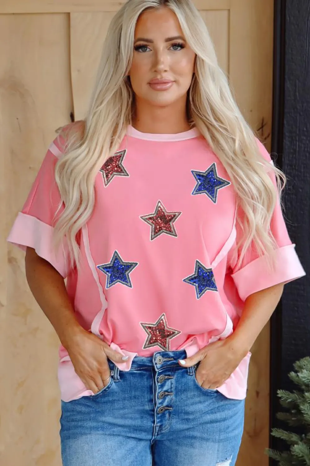 Outlet Dear-Lover Independence Day Sequin Star Graphic Contrast Patchwork Tee Peach Blossom