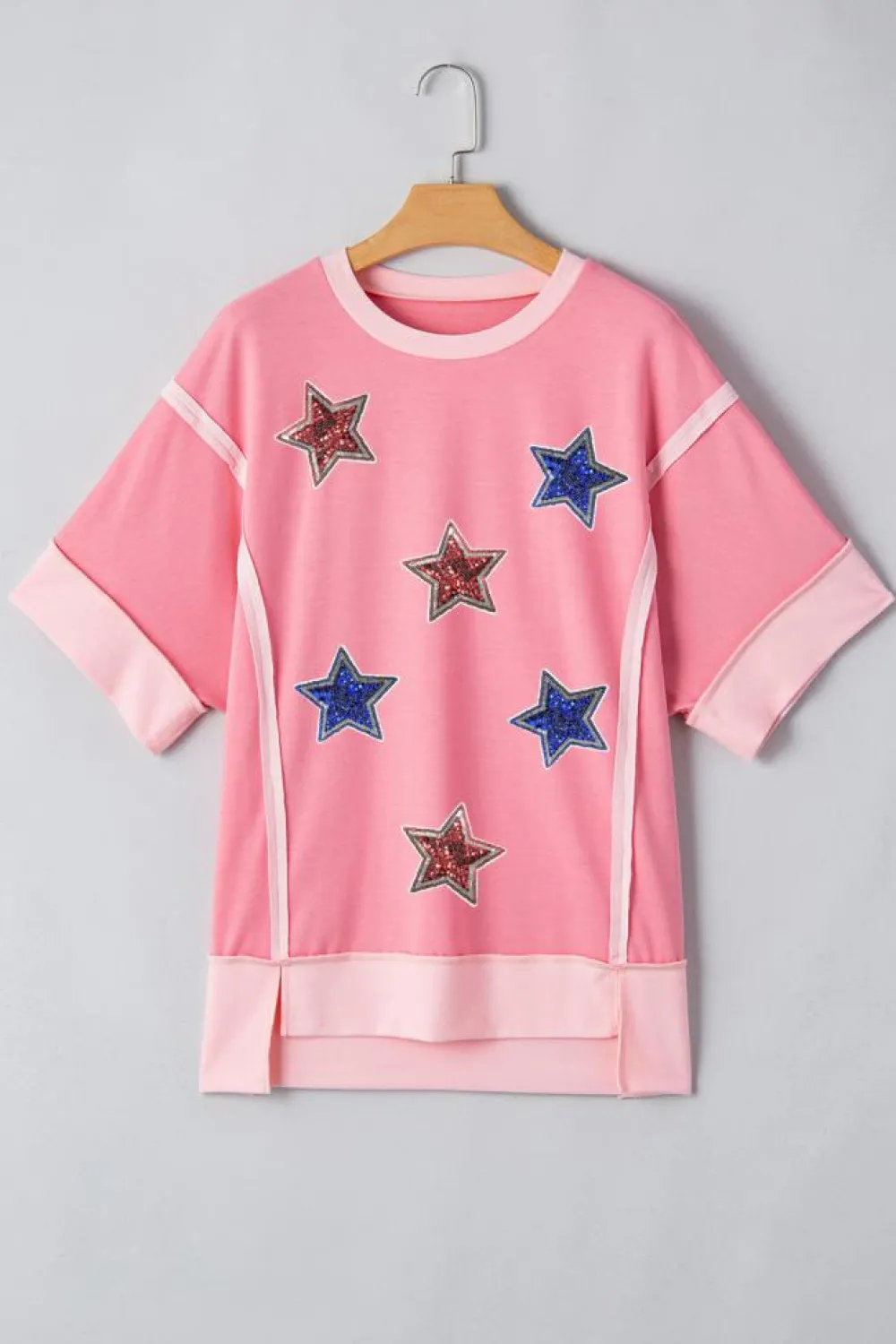 Outlet Dear-Lover Independence Day Sequin Star Graphic Contrast Patchwork Tee Peach Blossom
