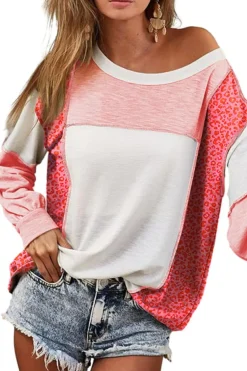 Best Dear-Lover Leopard Colorblock Patchwork Exposed Seam Top Peach Blossom