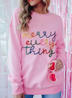 Fashion Dear-Lover Merry Every Thing Tinsel Slogan Sweatshirt Peach Blossom