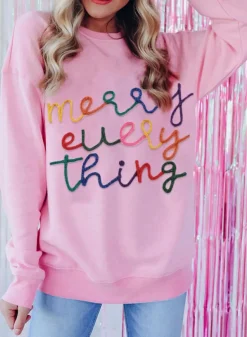 Fashion Dear-Lover Merry Every Thing Tinsel Slogan Sweatshirt Peach Blossom