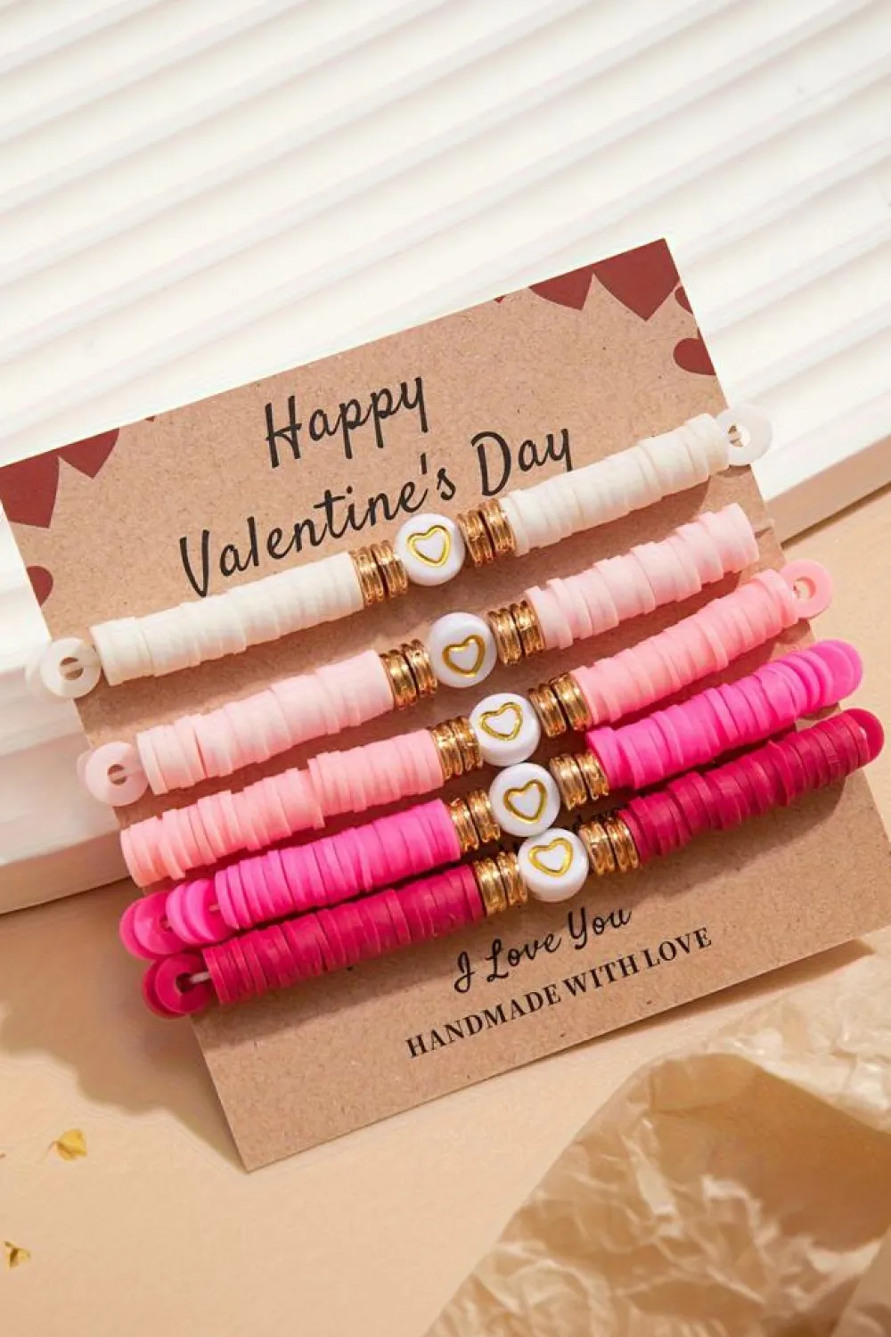 Hot Dear-Lover 5Pcs Valentine Heart Beaded Bracelet Peach Blossom