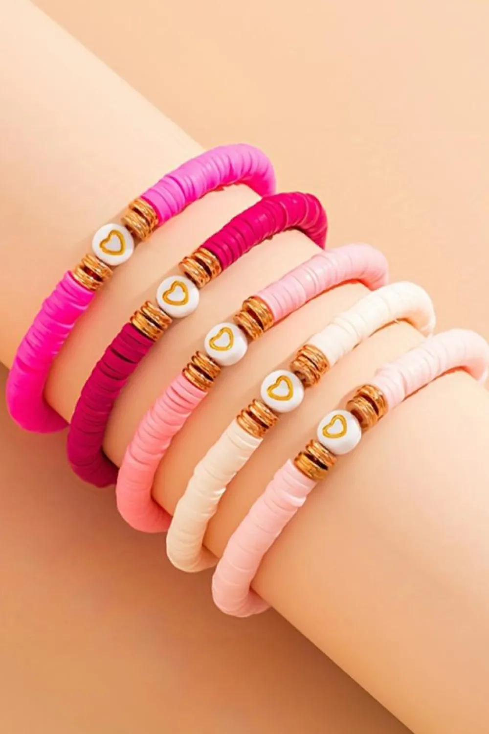 Hot Dear-Lover 5Pcs Valentine Heart Beaded Bracelet Peach Blossom