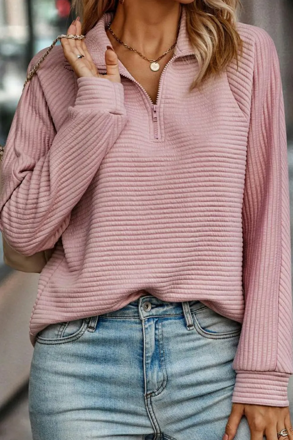 Best Dear-Lover Ribbed Texture Quarter Zip Sweatshirt Peach Blossom