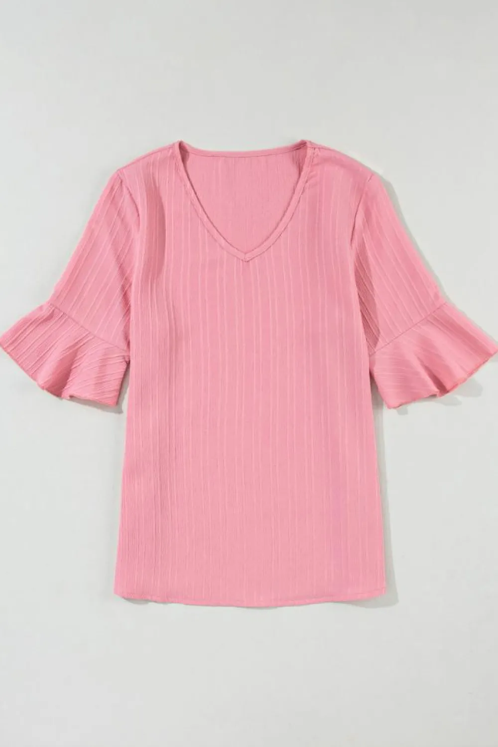 Discount Dear-Lover Ruffled Half Sleeve V Neck Textured Top Peach Blossom