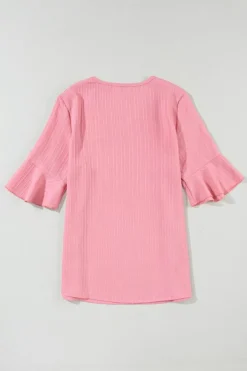 Discount Dear-Lover Ruffled Half Sleeve V Neck Textured Top Peach Blossom