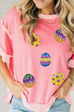 Hot Dear-Lover Sequined Easter Eggs Contrast Patchwork Detail Short Sleeve Blouse Peach Blossom