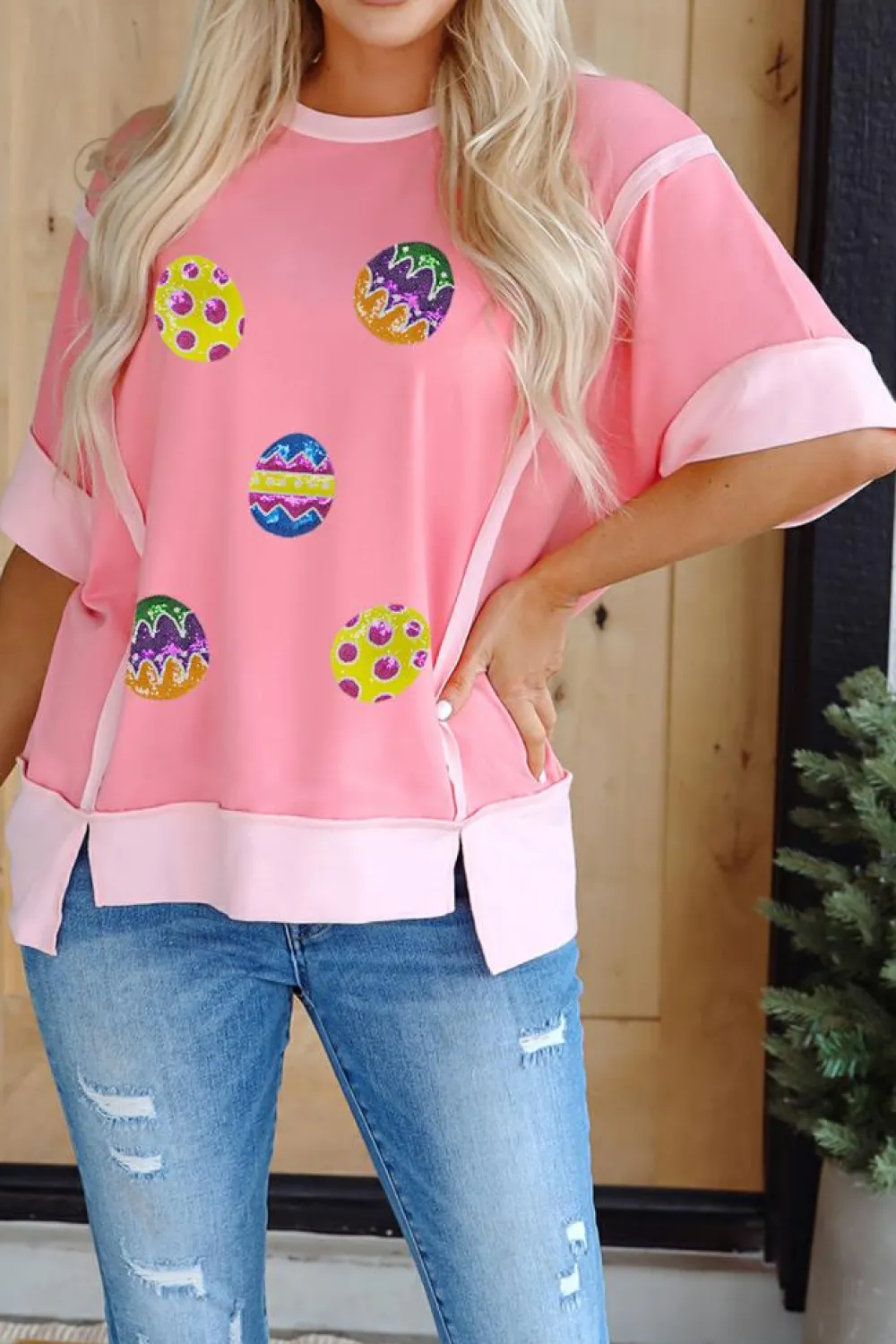 Hot Dear-Lover Sequined Easter Eggs Contrast Patchwork Detail Short Sleeve Blouse Peach Blossom