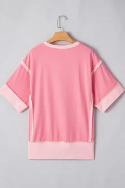 Hot Dear-Lover Sequined Easter Eggs Contrast Patchwork Detail Short Sleeve Blouse Peach Blossom