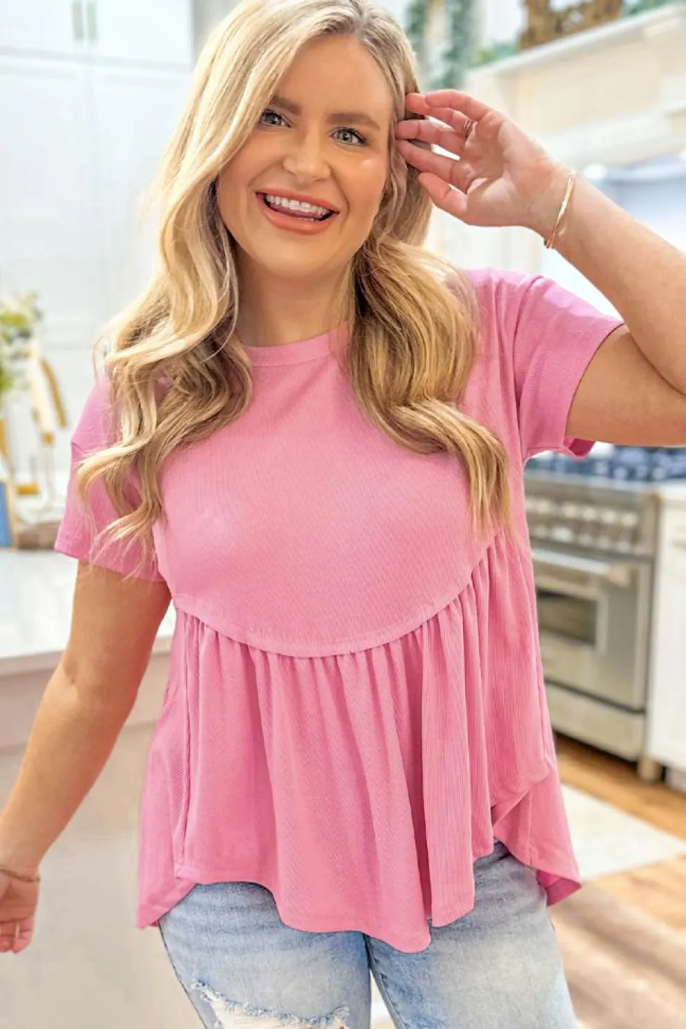 New Dear-Lover Subtle Ribbed Short Sleeve Babydoll Top Peach Blossom