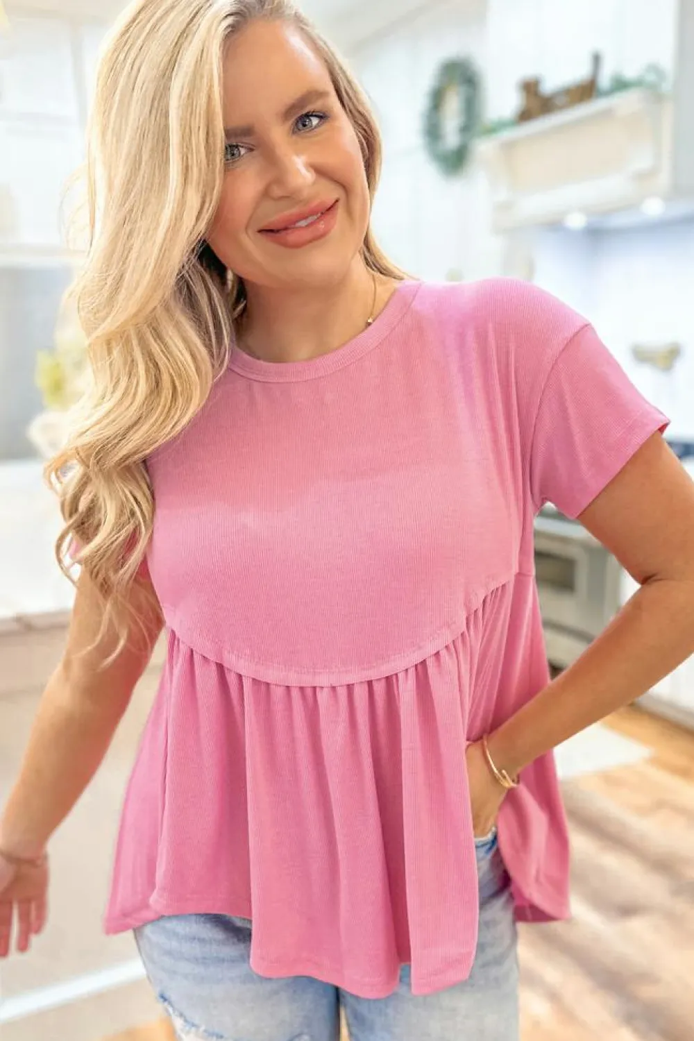 New Dear-Lover Subtle Ribbed Short Sleeve Babydoll Top Peach Blossom