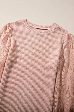 Fashion Dear-Lover Sunflower Mesh Bubble Sleeve Waffle Knit Top Peach Blossom