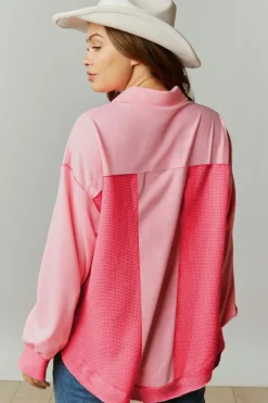 Discount Dear-Lover Two Tone Contrast Waffle Knit Buttoned Loose Shacket Peach Blossom
