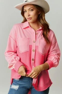 Discount Dear-Lover Two Tone Contrast Waffle Knit Buttoned Loose Shacket Peach Blossom