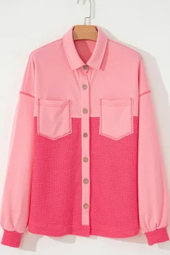 Discount Dear-Lover Two Tone Contrast Waffle Knit Buttoned Loose Shacket Peach Blossom
