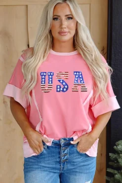 New Dear-Lover USA Color Block High Low Crew Neck T Shirt Peach Blossom