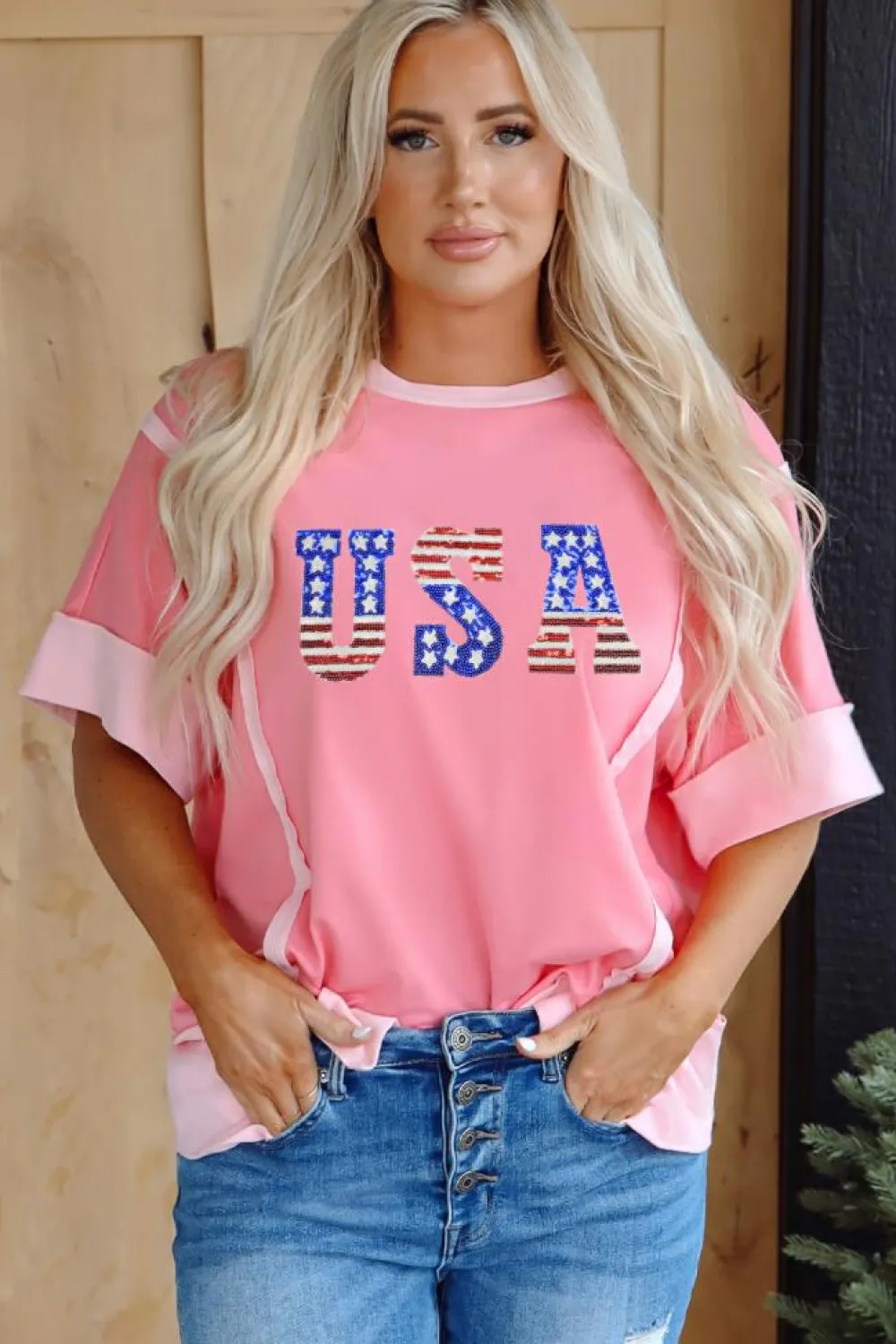 New Dear-Lover USA Color Block High Low Crew Neck T Shirt Peach Blossom