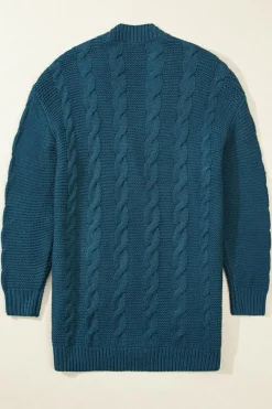 New Dear-Lover Cable Knit Button Front Pocketed Baggy Cardigan Peacock Blue