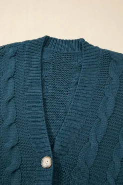 New Dear-Lover Cable Knit Button Front Pocketed Baggy Cardigan Peacock Blue