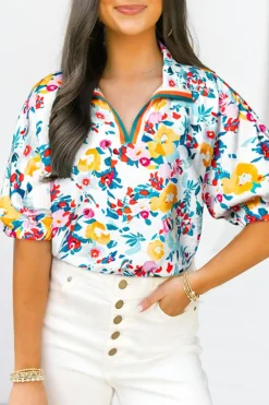 Fashion Dear-Lover Floral Print Slit V Neck Short Sleeve Blouse Peacock Blue