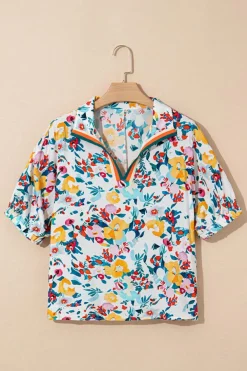 Fashion Dear-Lover Floral Print Slit V Neck Short Sleeve Blouse Peacock Blue