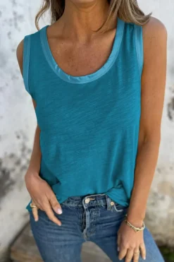 Discount Dear-Lover Metallic Sheen Edge Scoop Neck Tank Top Peacock Blue