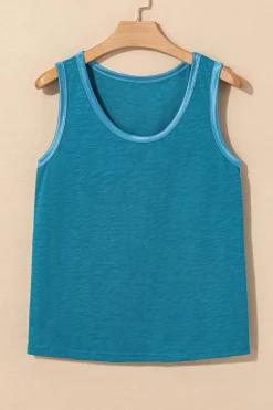 Discount Dear-Lover Metallic Sheen Edge Scoop Neck Tank Top Peacock Blue