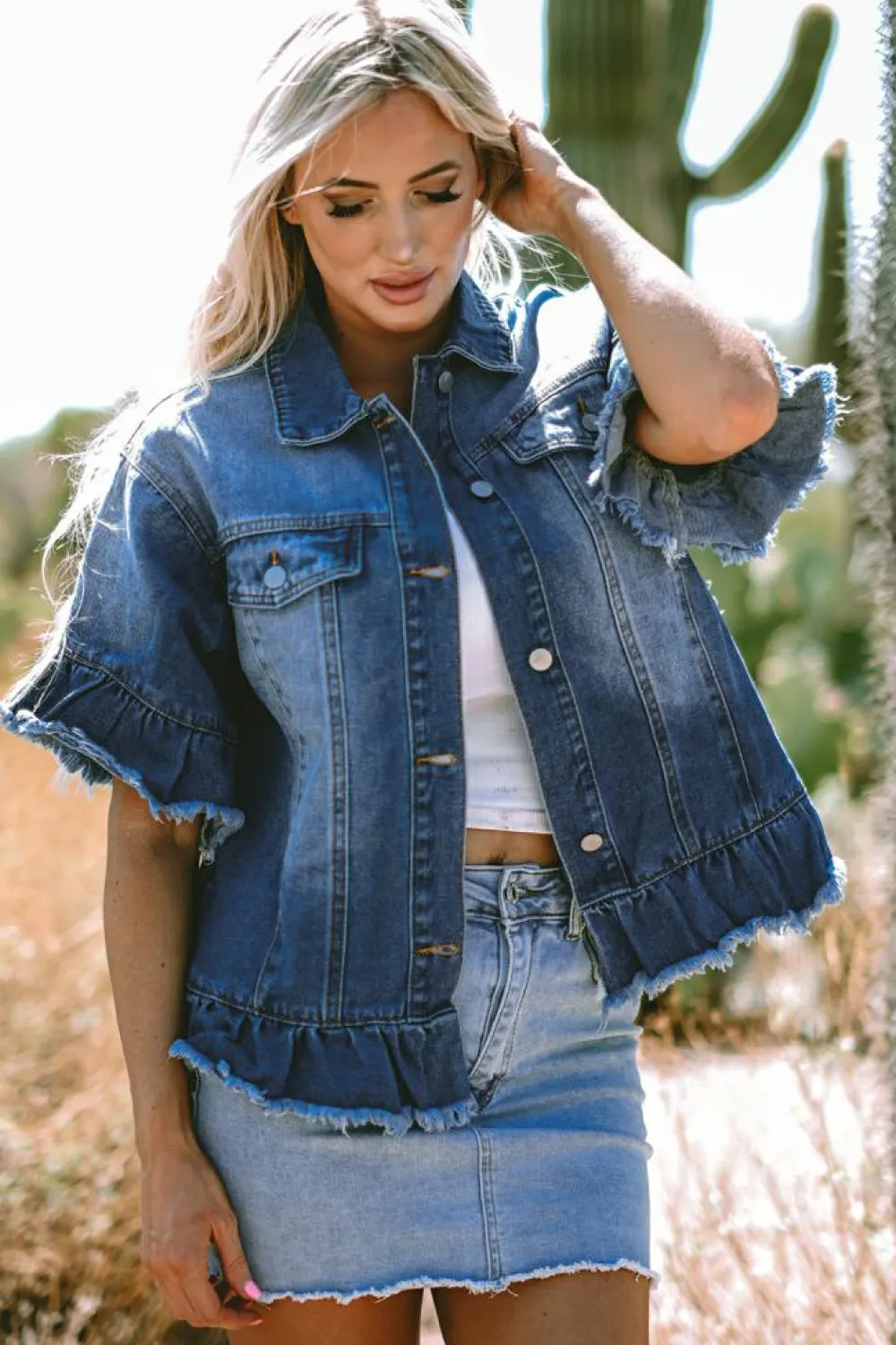 New Dear-Lover Raw Edge Ruffled Short Sleeve Denim Jacket Peacock Blue