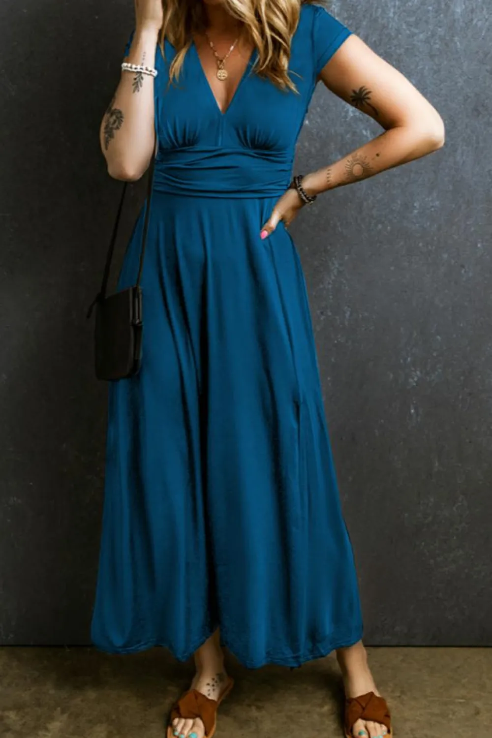 Sale Dear-Lover Short Sleeve Shirred High Waist V Neck Maxi Dress Peacock Blue