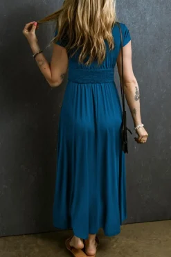 Sale Dear-Lover Short Sleeve Shirred High Waist V Neck Maxi Dress Peacock Blue