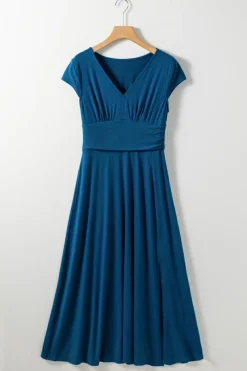Sale Dear-Lover Short Sleeve Shirred High Waist V Neck Maxi Dress Peacock Blue