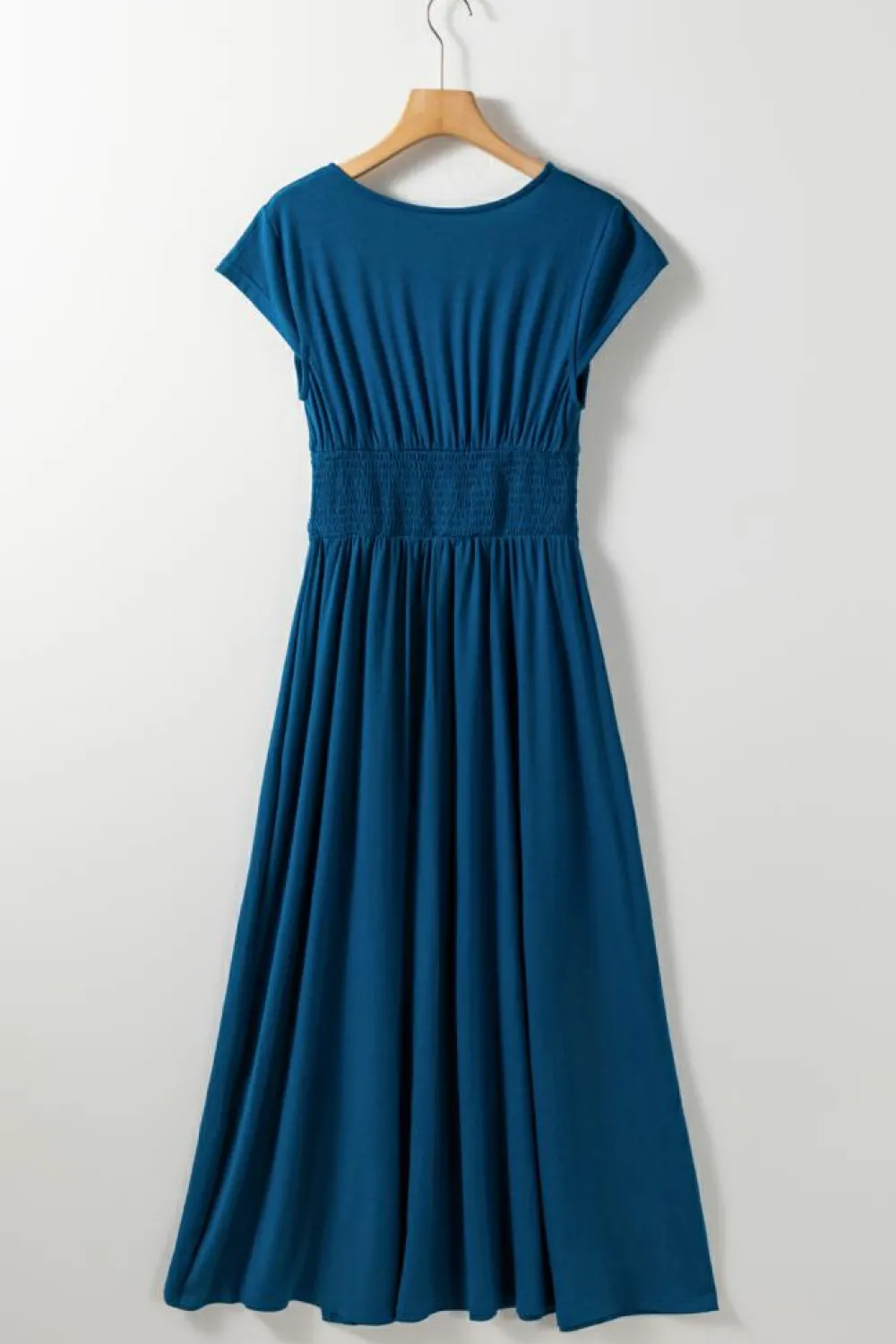 Sale Dear-Lover Short Sleeve Shirred High Waist V Neck Maxi Dress Peacock Blue