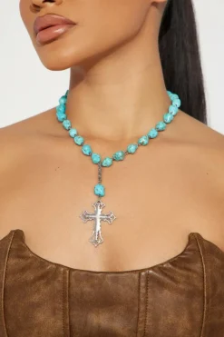 Clearance Dear-Lover Turquoise Cross Pendant Necklace Peacock Blue