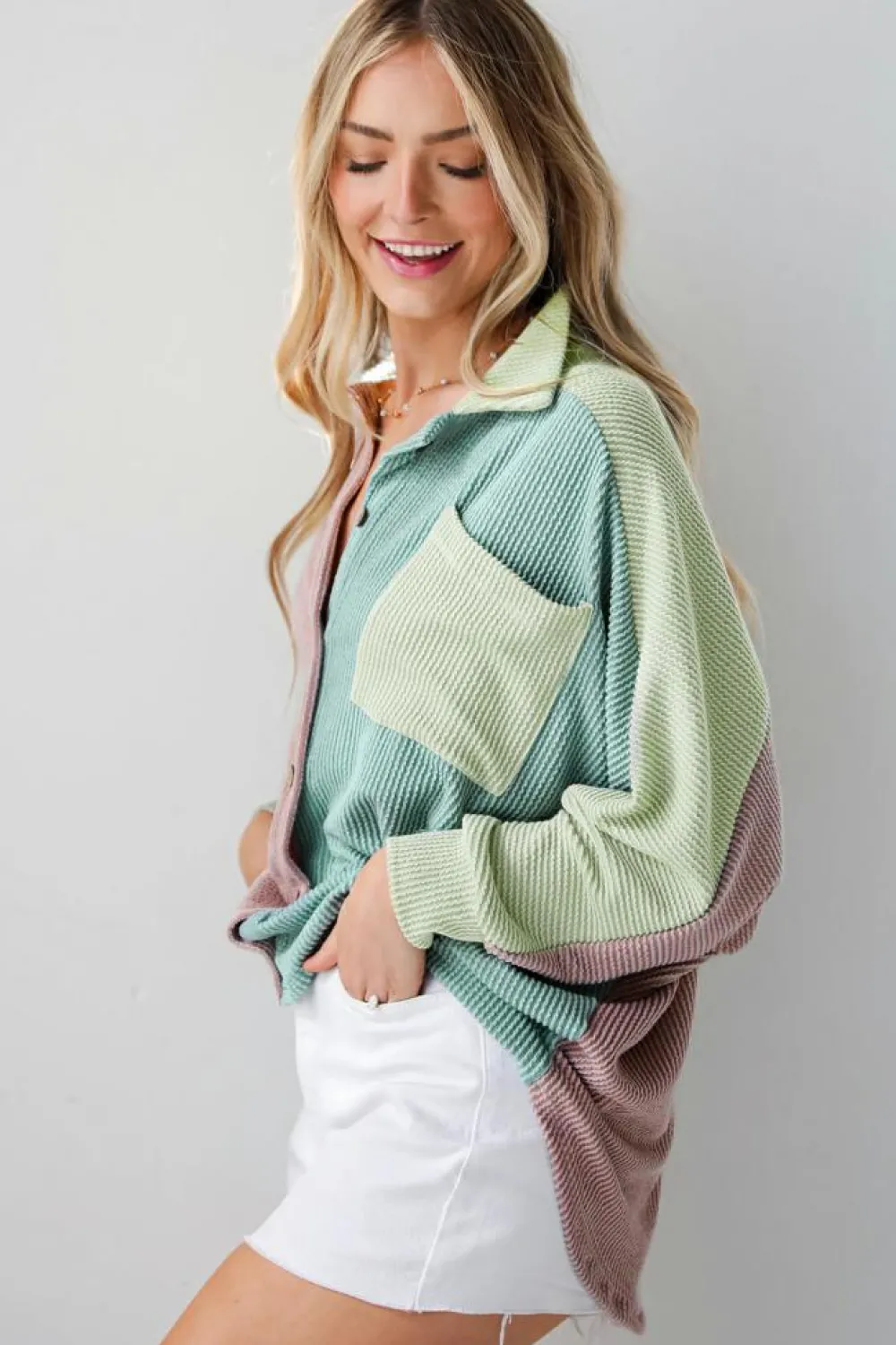 Best Dear-Lover Color Block Corded Buttoned Oversized Shacket Phalaenopsis