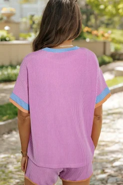 Sale Dear-Lover Contrast Trim Corded Texture Short 2pcs Set Phalaenopsis